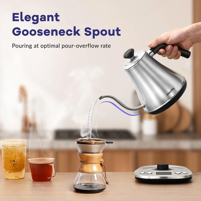 Mecity Electric Gooseneck Kettle With LCD Display Automatic Shut Off Retro Coffee Kettle Temperature Control Hot Water Boiler to Pour Over Tea, 1200 Watt Quick Heating Tea Pot, 0.8L, Stainless Steel - Image 5